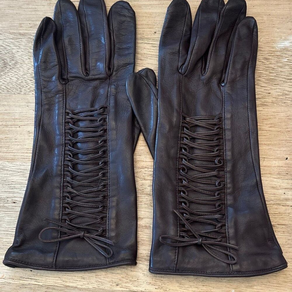 Agnelle made in France genuine leather brown lace up gloves